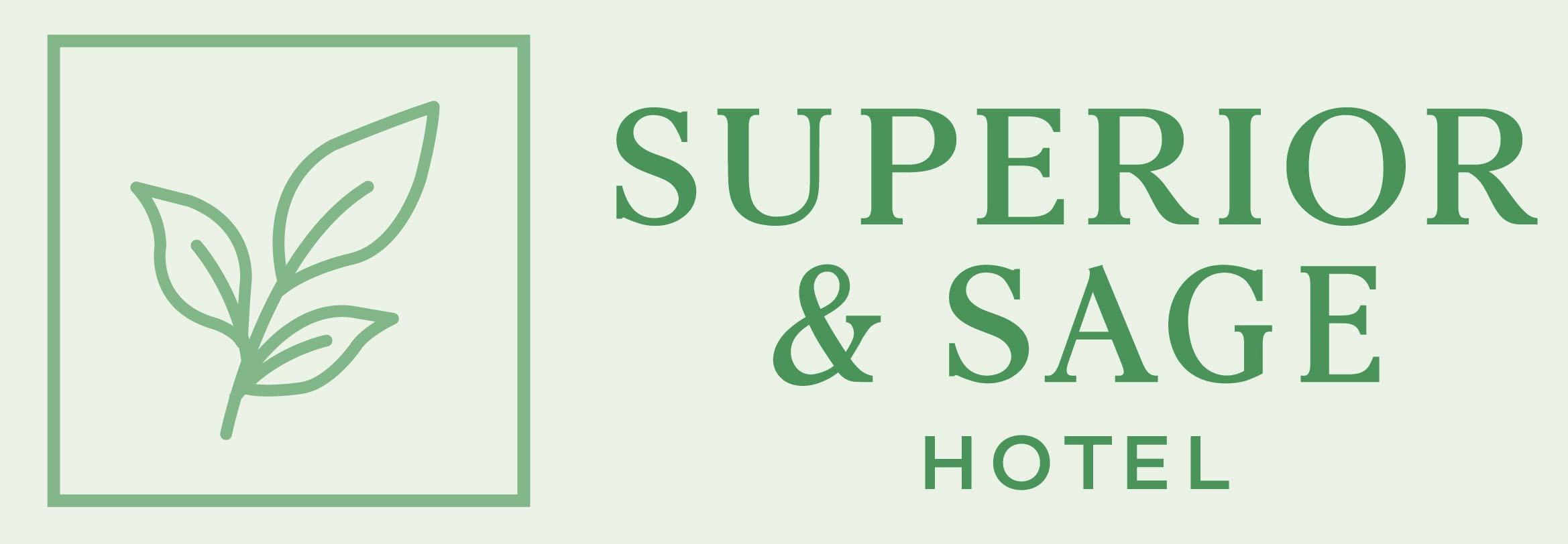 Logo for Superior & Sage Hotel featuring a simple green line drawing of three leaves in a square, with the hotel name in large green text to the right on a light background.