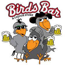 Birds Bar and Liquor Store. Three birds are drinking beers.