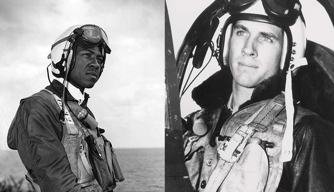 Black and white historical photos of Jesse Brown, the Navy's first black aviator and his wingman Tom Hudner, both in military uniform.