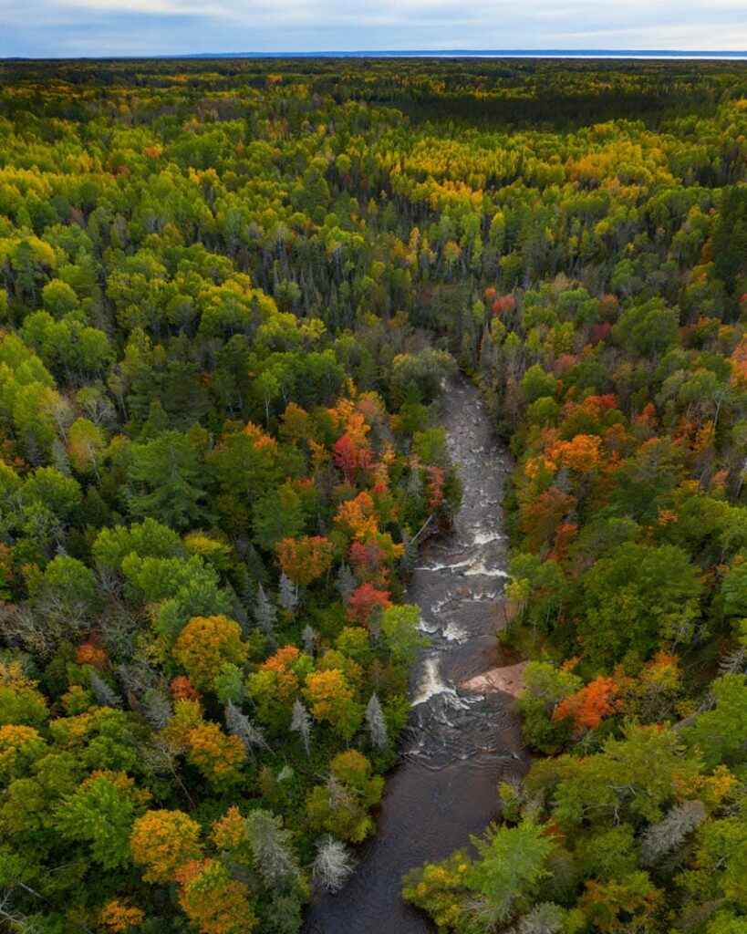 Birds-eye-view of rapidly moving water over rocks in the Brule River during the fall color seasons. Trees are green with flushes of orange, yellow and red.
