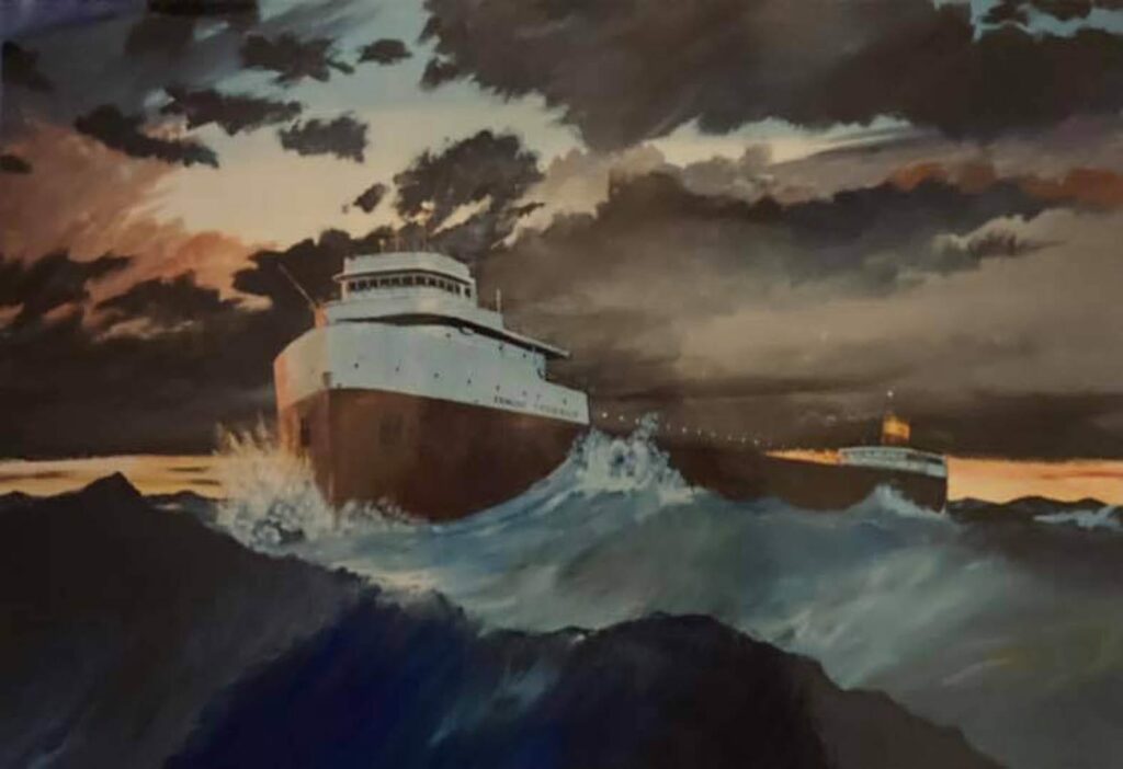 A painting by Carl Gawboy of the Edmund Fitzgerald in large waves. The sky and water are dark and ominous.