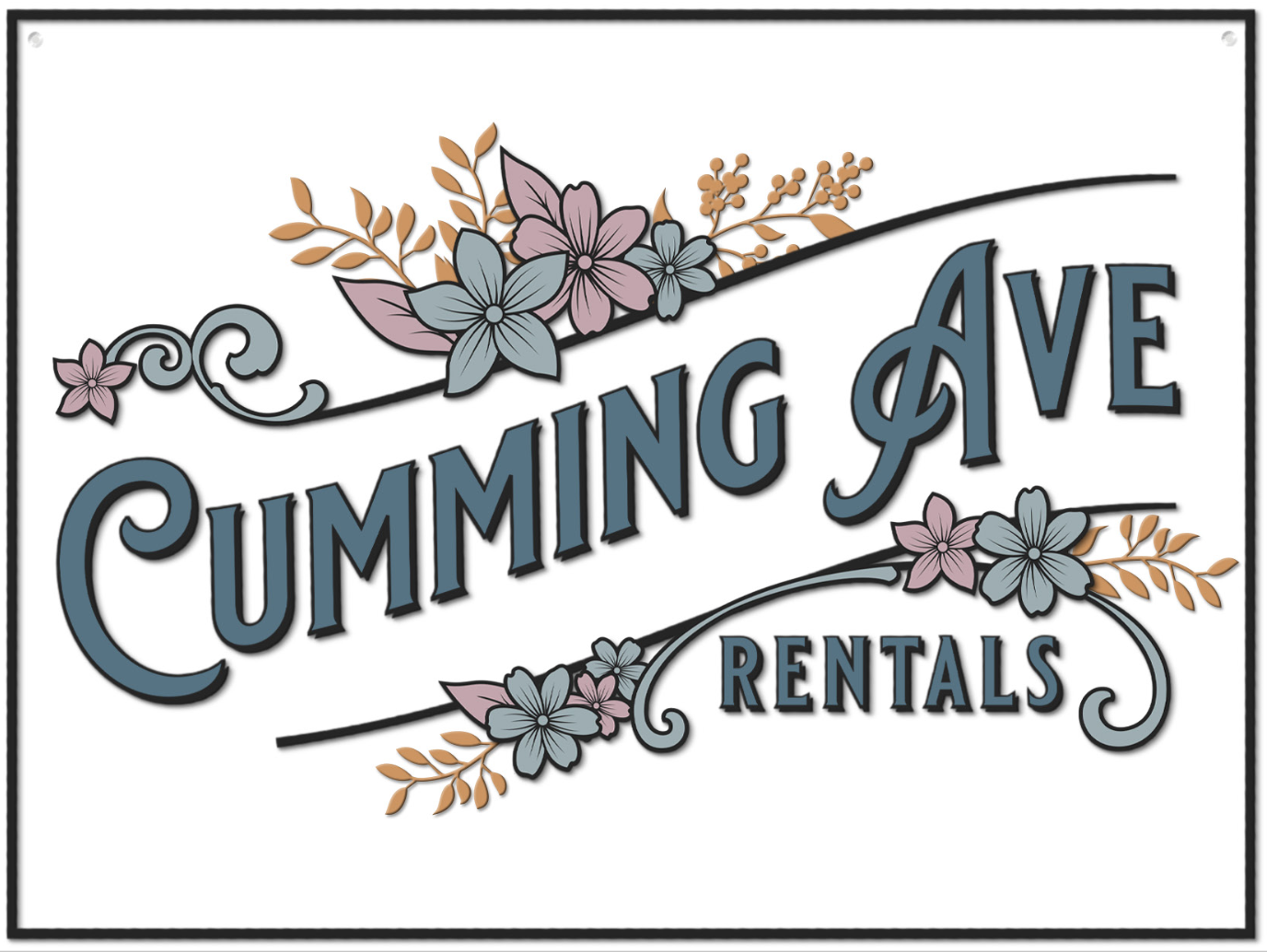 A decorative sign with the text "Cumming Ave Rentals" in bold, blue letters. The sign is adorned with floral designs featuring pink and blue flowers with orange leaves at the top and bottom.