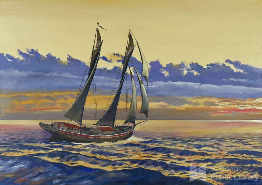 A painting of an older-type sailboat with five sails in wavy water with blue and gold clouds.