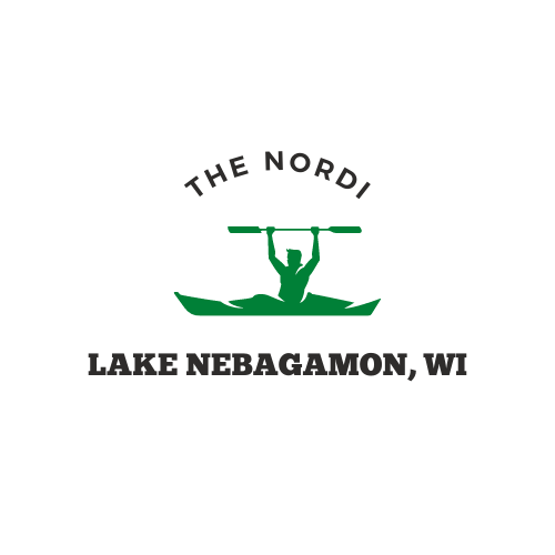 Logo with a silhouette of a kayaker holding a paddle overhead. The text above reads "THE NORDI" and below reads "LAKE NEBAGAMON, WI." The kayaker silhouette is in green, and the text is in black.