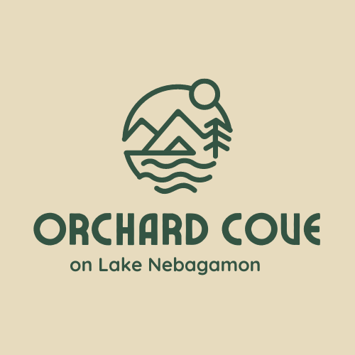 Logo of Orchard Cove on Lake Nebagamon, featuring a simple line drawing of mountains, a tree, the sun, and a lake. The text "Orchard Cove" and "on Lake Nebagamon" is written below in bold font.