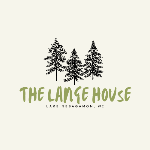 Logo with three drawn pine trees above the text "The Lange House" in green and "Lake Nebagamon, WI" in black.