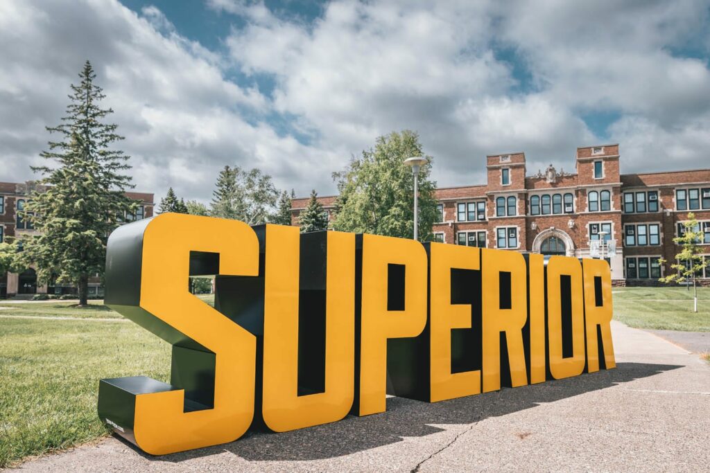 Large letters on University of Wisconsin Superior campus that spell, 