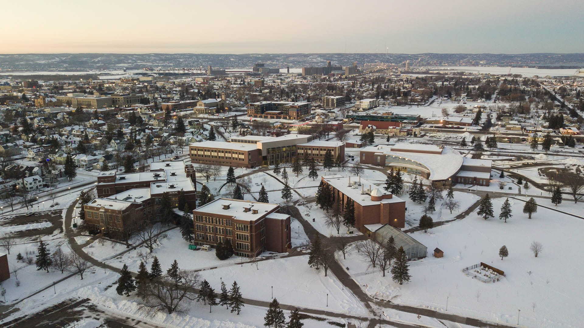 Birds-eye view of University of Wisconsin Superior in the winter time.