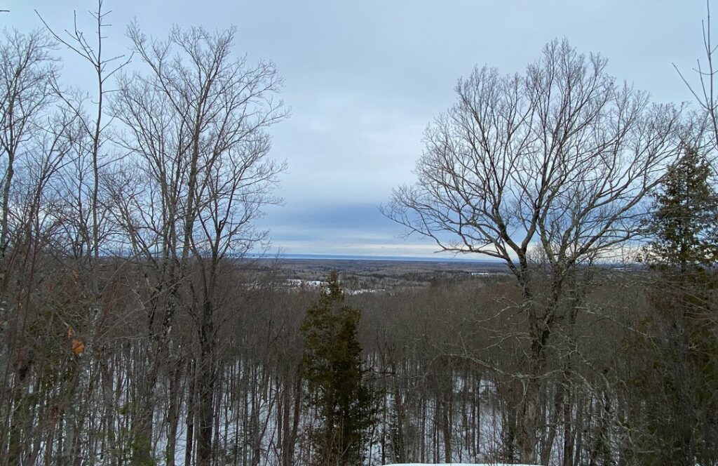 A wintery scene of bare trees and icy blue sky with Lake Superior way off in the distance.