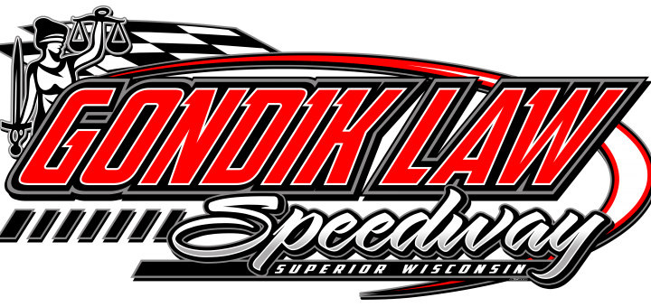 Logo for Gondik Law Speedway in Superior, Wisconsin, featuring bold red and white text with a checkered flag and a depiction of Lady Justice holding scales.