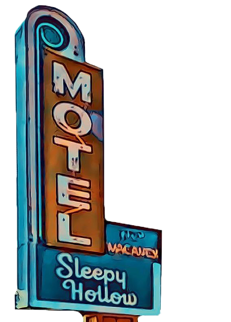 Vintage neon sign for "Motel Sleepy Hollow" with a retro design. The sign features vertical letters spelling "MOTEL" and cursive lettering for "Sleepy Hollow," all in vibrant colors.