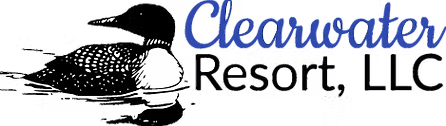 Logo for Clearwater Resort, LLC, featuring a black and white illustration of a loon swimming on water, with the word "Clearwater" in blue script and "Resort, LLC" in black text.