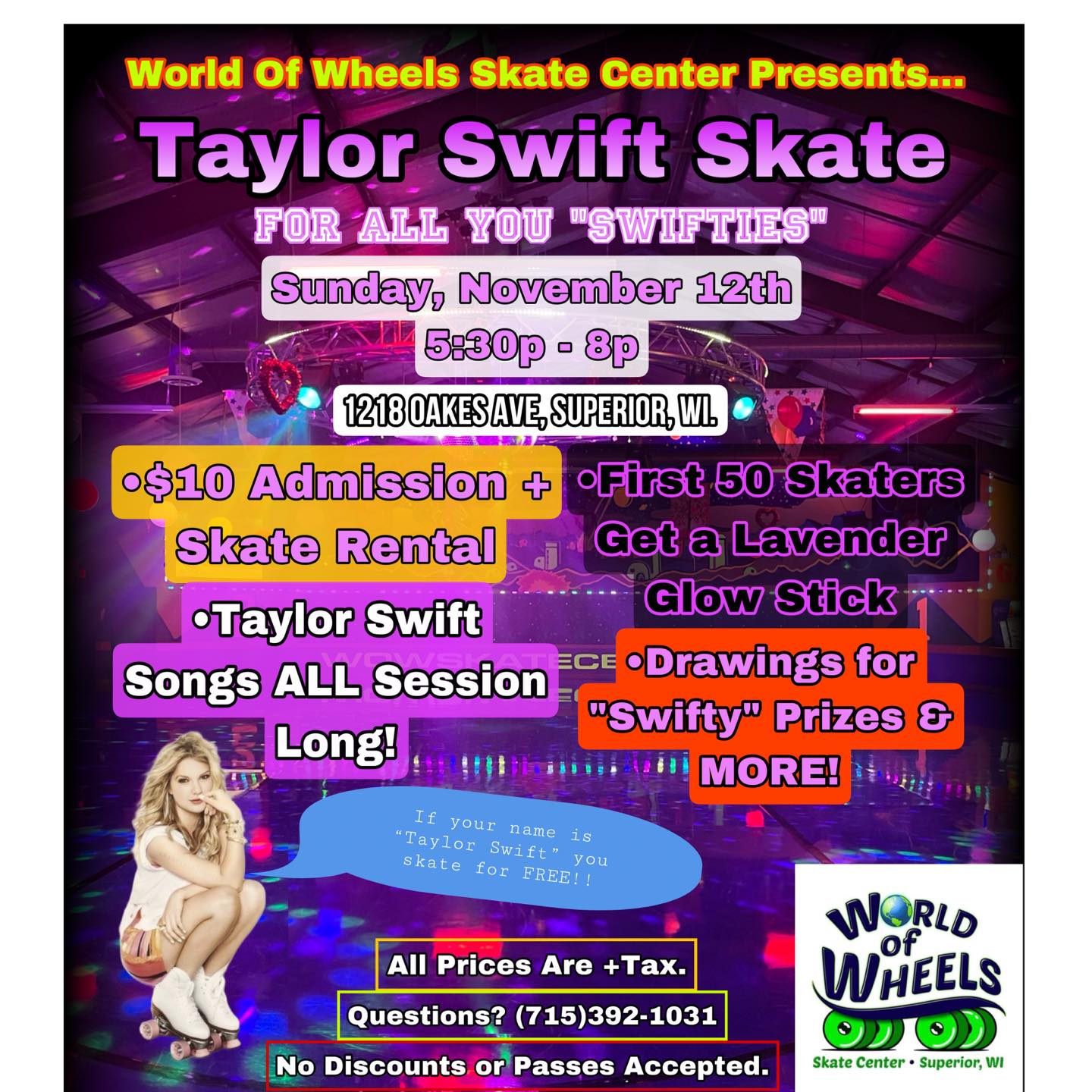 A poster for a Taylor Swift Skate Night at World of Wheels.