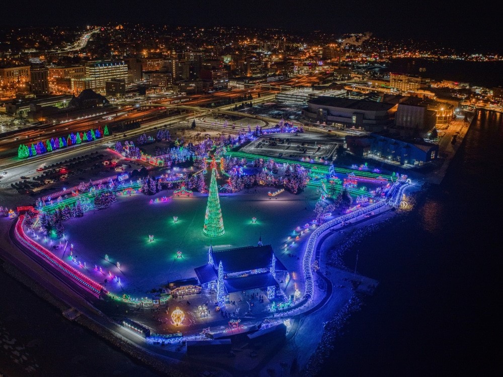 An arial shot of Bentleyville tour of lights lit up at night in Duluth.