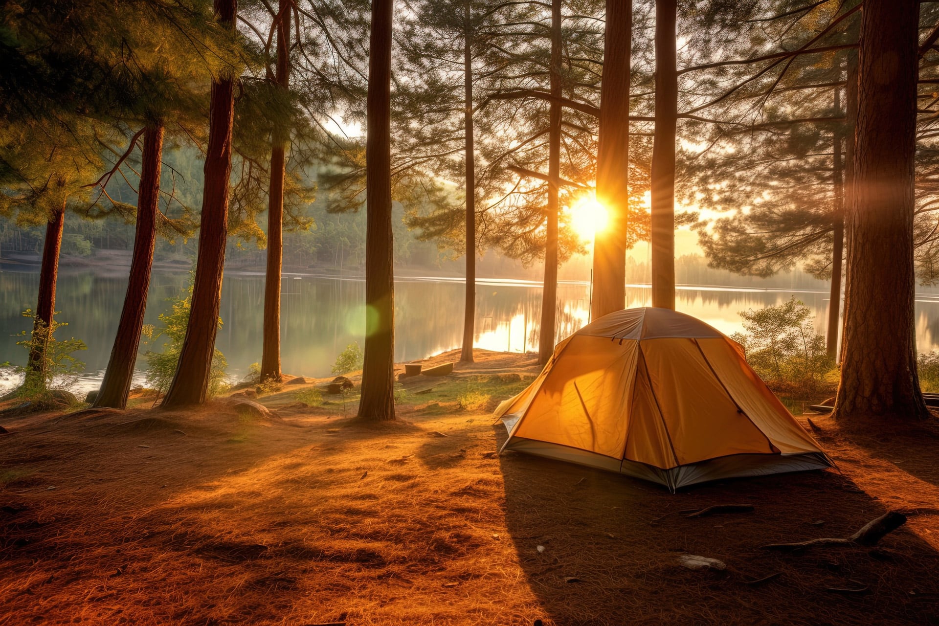A tent sits in a pine forest overlooking a lake at sunrise.