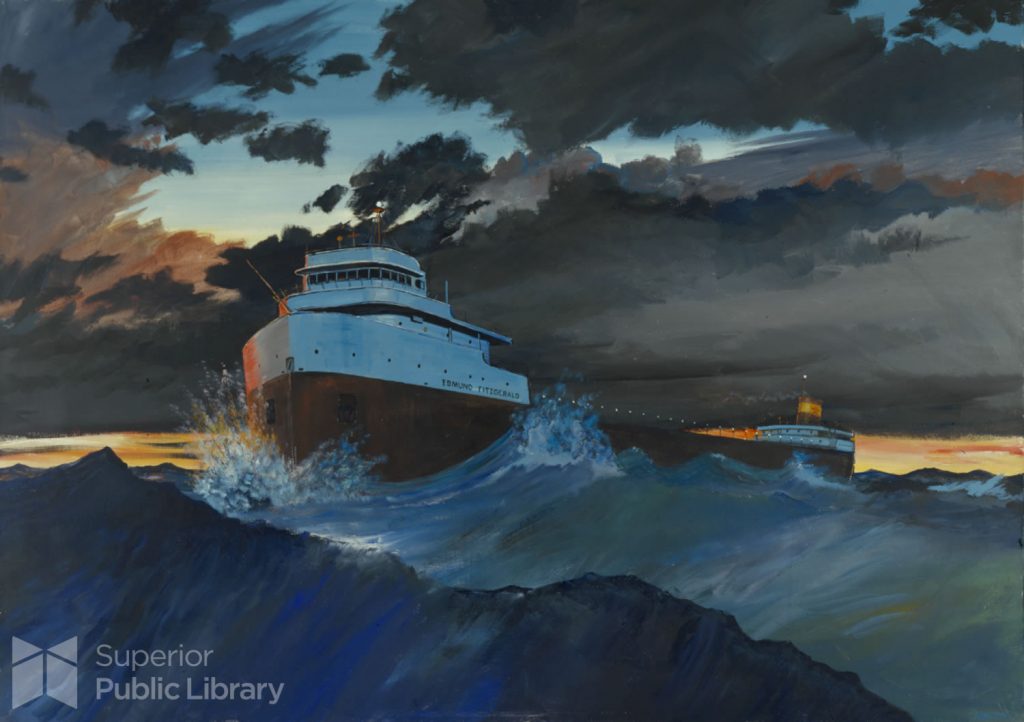 An illustrated The Edmund Fitzgerald ship plowing through waves at dusk.