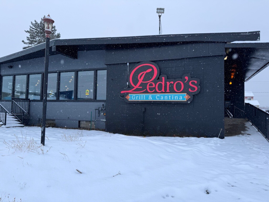 The outside of Pedros Grill and Cantina in Superior on a snowy day.
