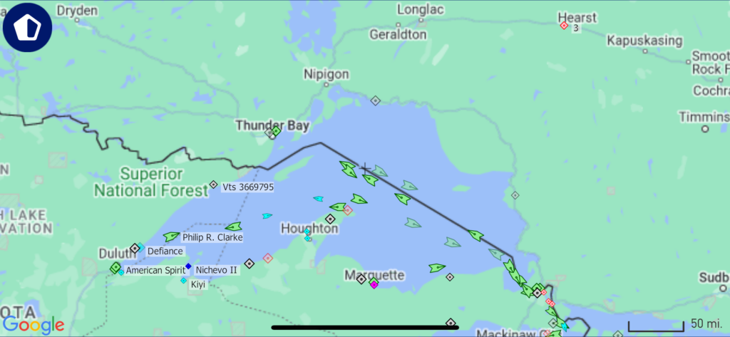 A map of Lake Superior showing ship icons coming and going. This is from the Marine Traffic app.