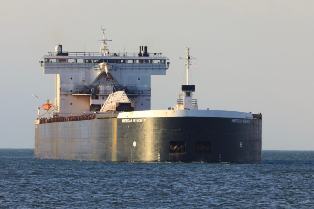 A closeup photo of the American Integrity ship on Lake Superior.