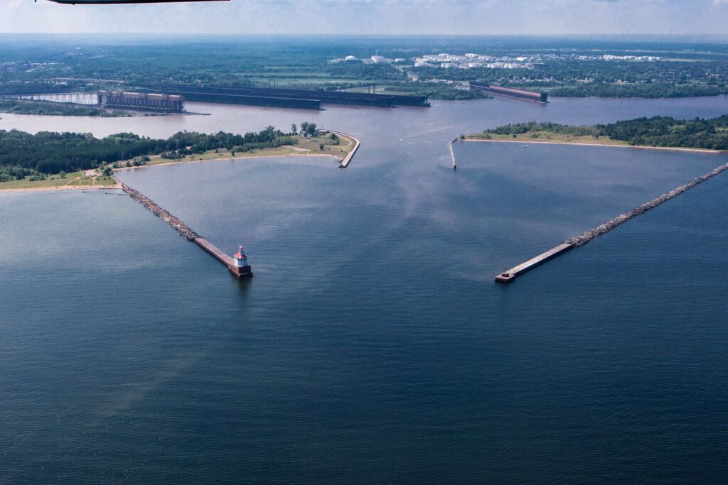 A panoramic photo from above of the entire Wisconsin Point entryway