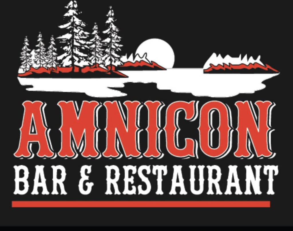 Logo for Amnicon Bar & Restaurant featuring red text and a scenic landscape with pine trees, a lake, and a full moon against a black background.