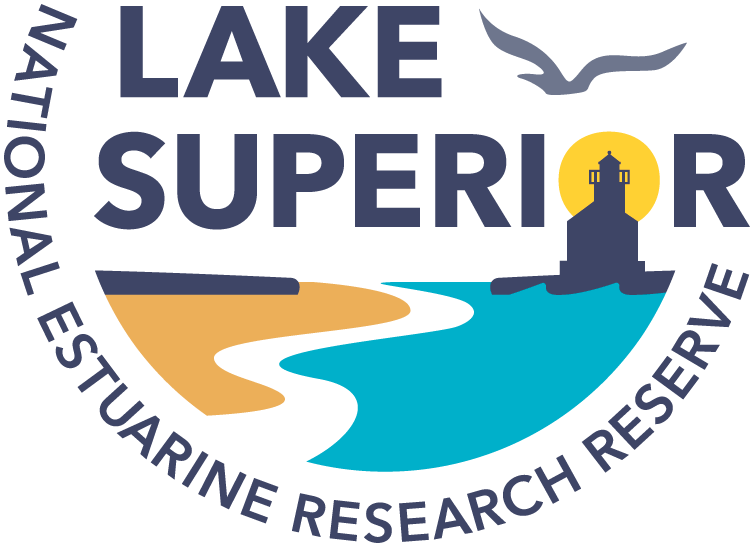 Logo for Lake Superior National Estuarine Research Reserve featuring a stylized lighthouse against an orange sun, with a bird in flight above. A river meets the lake, depicted in blue and tan, encircled by the reserve's name.