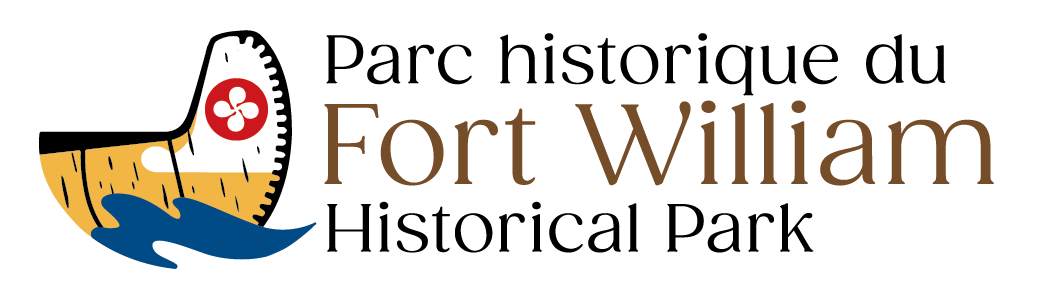 Logo for Fort William Historical Park. A stylized half-canoe with a red paddle and blue waves. Text: "Parc historique du Fort William Historical Park.