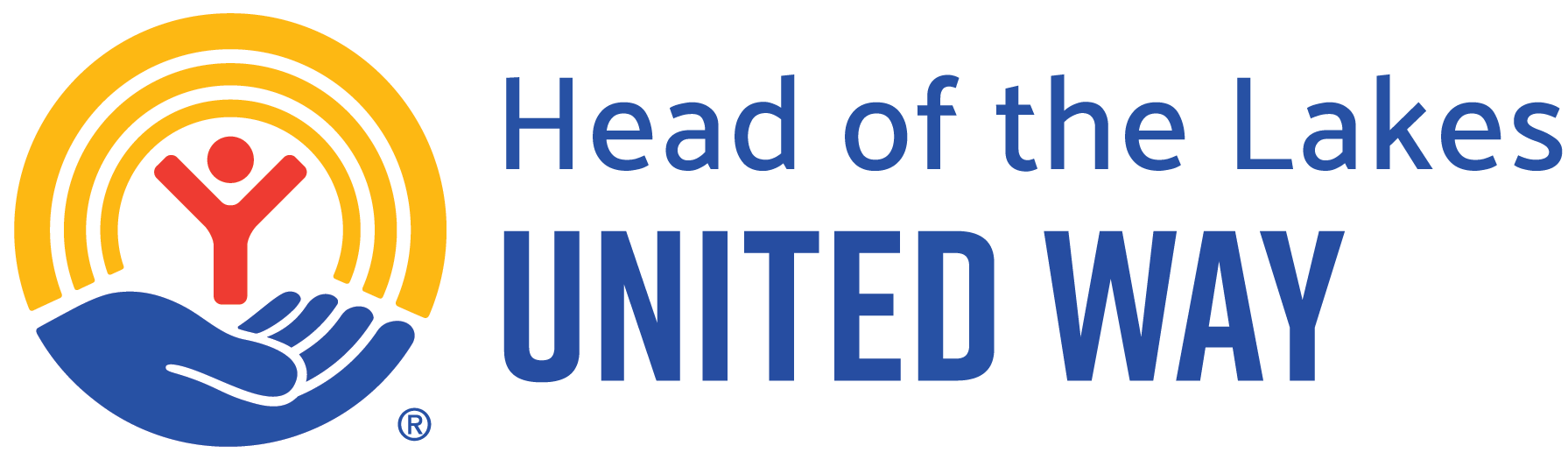 Logo for "Head of the Lakes United Way" featuring a stylized person in red, standing on an open blue hand. Surrounding the person are three yellow arcs. The text is in blue to the right of the image.
