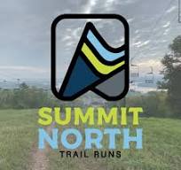 Logo for Summit North Trail Runs featuring a stylized mountain design with blue and green layers. The background shows a grassy trail leading into a cloudy sky.