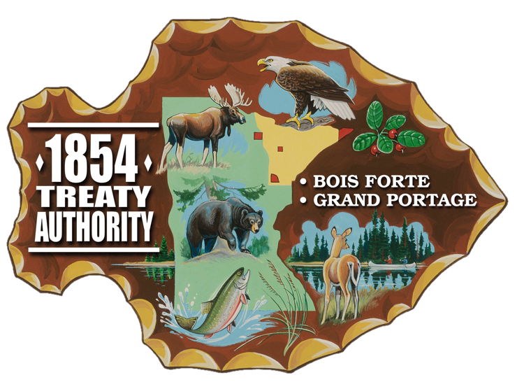 Illustrated image shaped like Minnesota with the text "1854 Treaty Authority" and "Bois Forte" and "Grand Portage." Features a bear, fish, eagle, deer, trees, lake, and a plant with red berries.