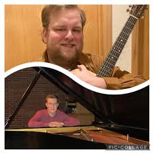 A collage featuring two images: the top shows a person smiling, holding a guitar. The bottom image shows another person seated at a piano, smiling at the camera.