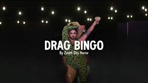 A person in a green, sequined outfit poses confidently with one arm raised, set against a dark background with scattered lights. The words "DRAG BINGO By Zenith City Horror" are displayed prominently.