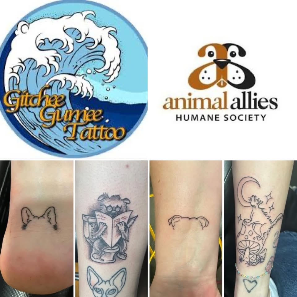 A collage showing the Gitchee Gurnee Tattoo logo, the Animal Allies Humane Society logo, and five tattoos featuring pet-themed designs such as dogs and cats. The tattoos vary in style and include outlines and detailed illustrations.