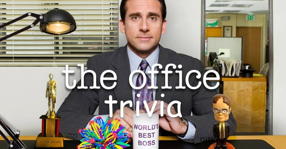 A man in a suit sits at a desk with a "World's Best Boss" mug, a golden statuette, a colorful rubber ball, and a small bobblehead toy. The words "the office trivia" are overlaid on the image.