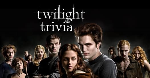 Group of characters from the "Twilight" series stand against a dark background. The words "Twilight Trivia" are above them in stylized lettering. Characters have solemn expressions and are wearing modern, casual clothing.