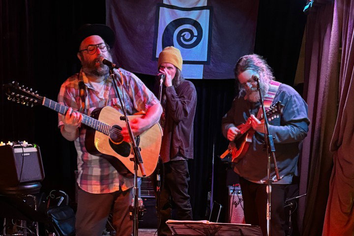 Three musicians perform on stage: one sings and plays guitar, another plays harmonica, and a third plays mandolin. A banner with a spiral design hangs behind them. The setting is dimly lit with a cozy atmosphere.