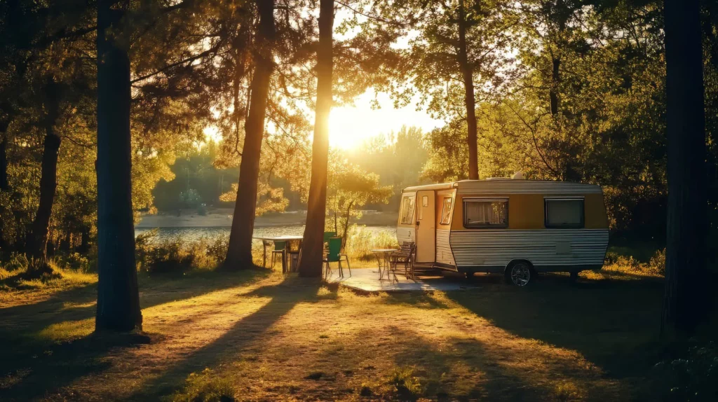 A caravan parked in a sunny forest clearing near a lake invites you to enjoy summer activities in Superior Wisconsin, with tall trees casting long shadows and golden sunlight filtering through the branches. Outdoor chairs and a table sit beside the caravan.