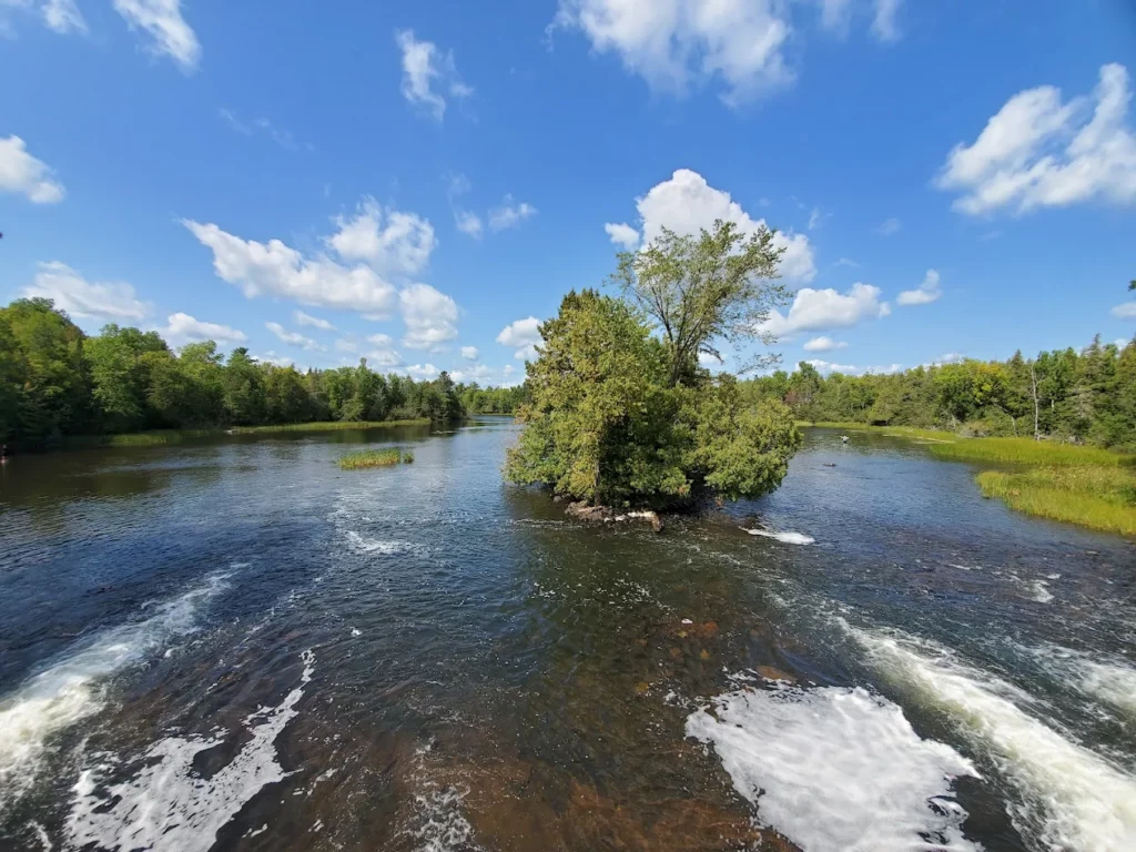 A small, tree-covered island sits in the middle of a calm river surrounded by green forest under a bright blue sky with scattered white clouds—perfect for enjoying summer activities in Superior, Wisconsin.