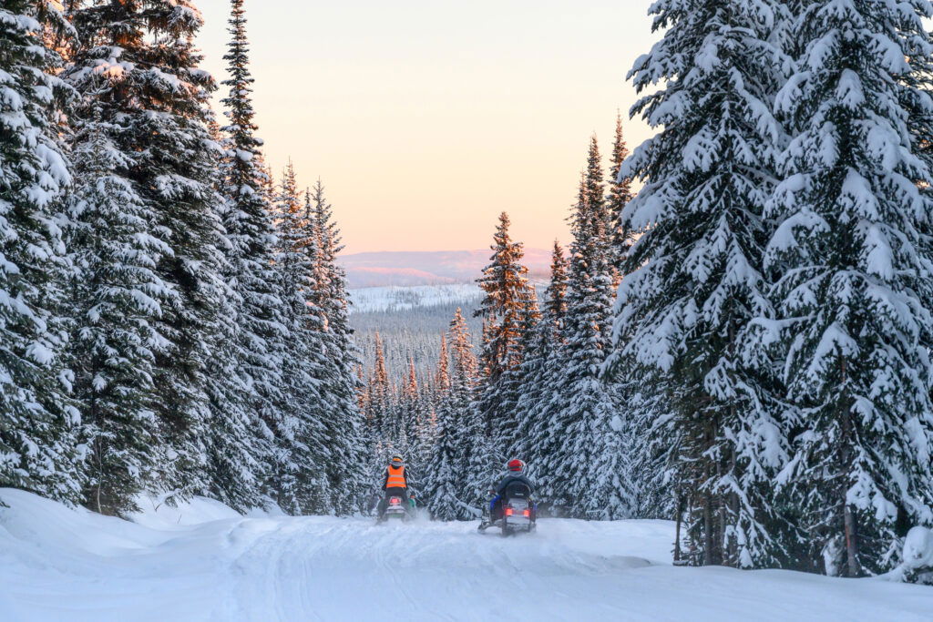 Two people ride snowmobiles on a snowy trail lined with tall pines under a pastel sunset sky, showcasing that winter offers just as much adventure as summer activities in Superior, Wisconsin, with mountains rising in the distance.
