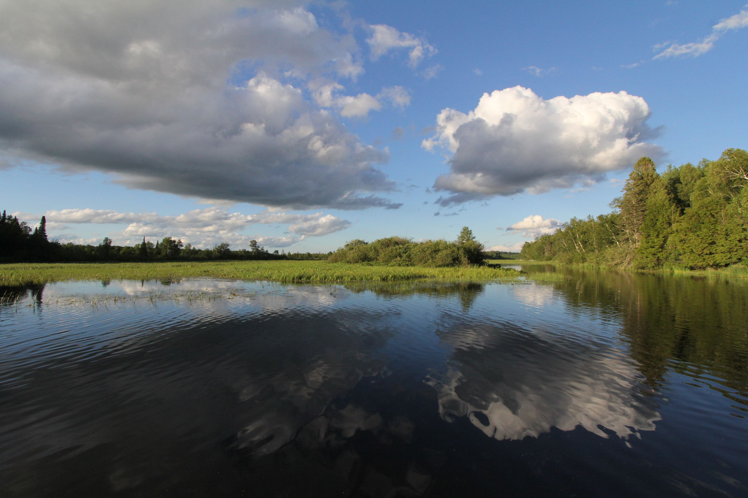 A calm river reflects white clouds and blue sky, surrounded by green trees and grassy banks under bright daylight—an inviting scene for summer activities in Superior Wisconsin.