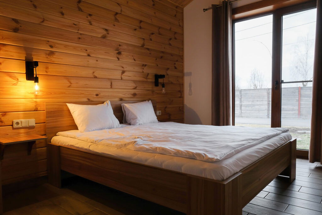 Large bed with white sheets in a cozy cabin atmosphere.