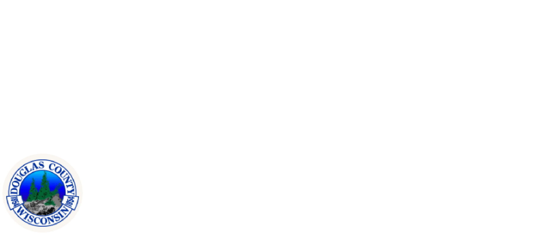 The official seal of Douglas County, Wisconsin, appears in the lower left corner of a white background. The seal features pine trees, a river, and text reading "Douglas County Wisconsin," evoking the scenic beauty ideal for summer activities in Superior, Wisconsin.