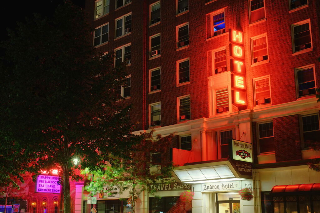 Nighttime shot of the Androy Hotel sign along Tower Avenue, Superior, WI.