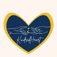 A navy blue heart outlined in gold contains two hands reaching toward each other, a small crescent moon, stars, and the words "Kindred Heart" in script.