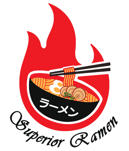 A stylized logo features a red flame shape with a bowl of ramen noodles, chopsticks, egg, mushrooms, and garnish inside. The words “Oishii Ramen!” are curved below the bowl.
