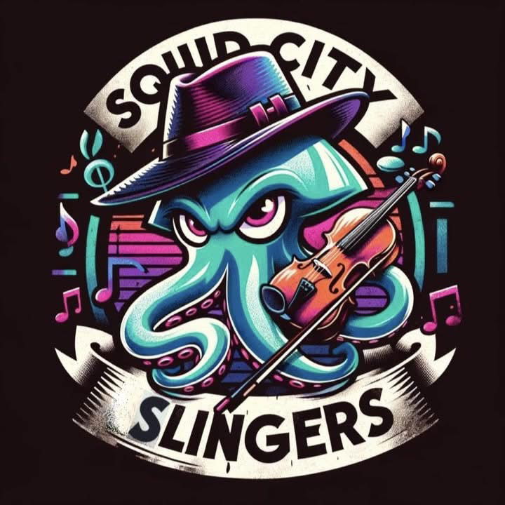 A cartoon squid wearing a purple fedora plays a violin, surrounded by colorful musical notes. The text “Squid City Slingers” is displayed above and below the character.
