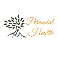 Logo with a stylized tree made of black leaves and roots on the left, and the words "Perennial Health" in elegant, orange script on the right.