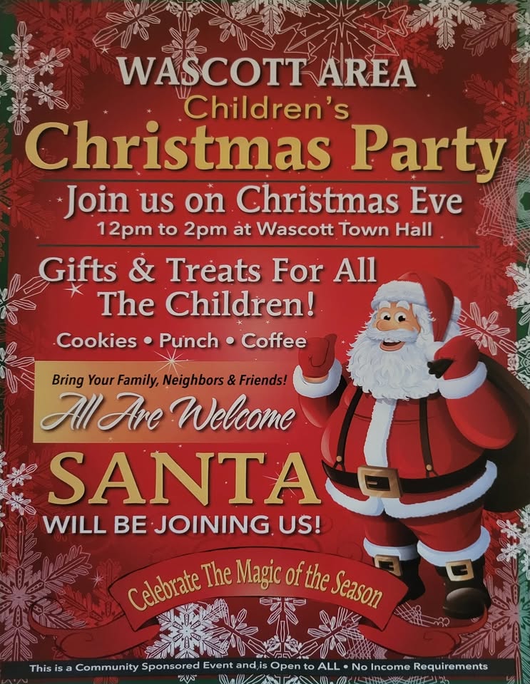 Festive flyer for a Wascott Area Children’s Christmas Party featuring Santa, snowflakes, and red background. Event is on Christmas Eve, 12–2pm at Wascott Town Hall with treats, gifts, and drinks for all children.