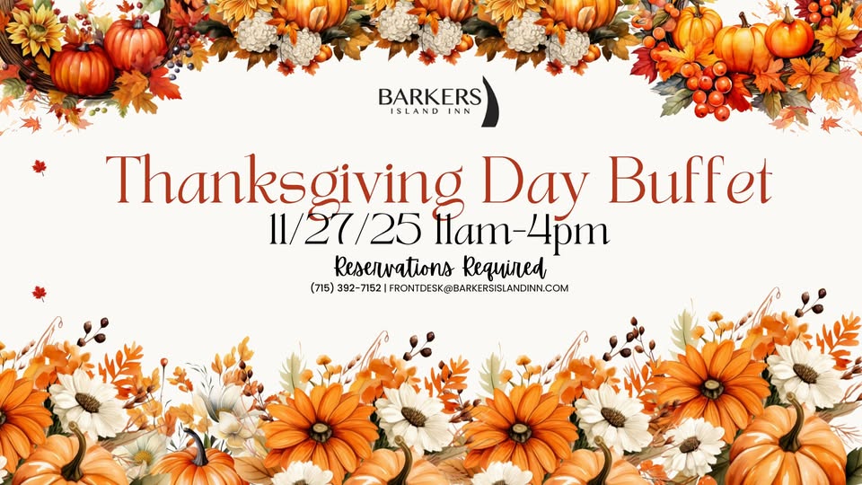 Festive Thanksgiving buffet announcement with orange and yellow autumn flowers, pumpkins, and leaves framing the text. Event date is 11/27/25, 11am–4pm at Barkers Island Inn. Reservations required.