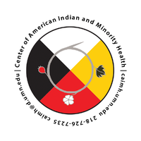 Circular logo with four colored quadrants (black, white, yellow, red). Overlaid are three plant elements and a circular arrow. Text around the edge reads: “Center of American Indian and Minority Health” with contact info.